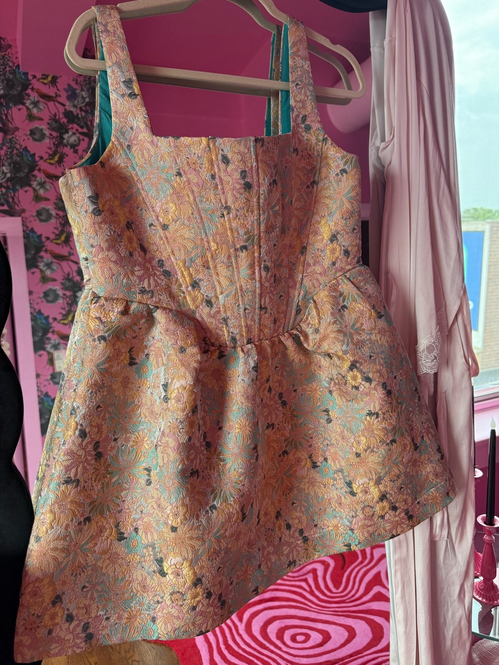 NWT SHEIN X Boned Corset Floral Brocade Jacquard Mini Dress Sz L Teal Gold Pink